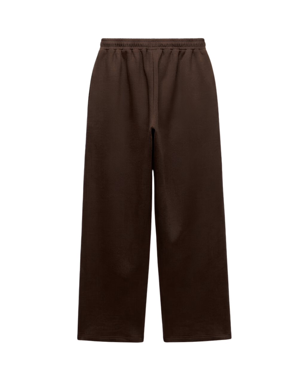 A pair of dark brown wide-leg sweatpants with an elastic waistband and drawstring, shown against a plain white background.