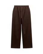 A pair of dark brown wide-leg sweatpants with an elastic waistband and drawstring, shown against a plain white background.
