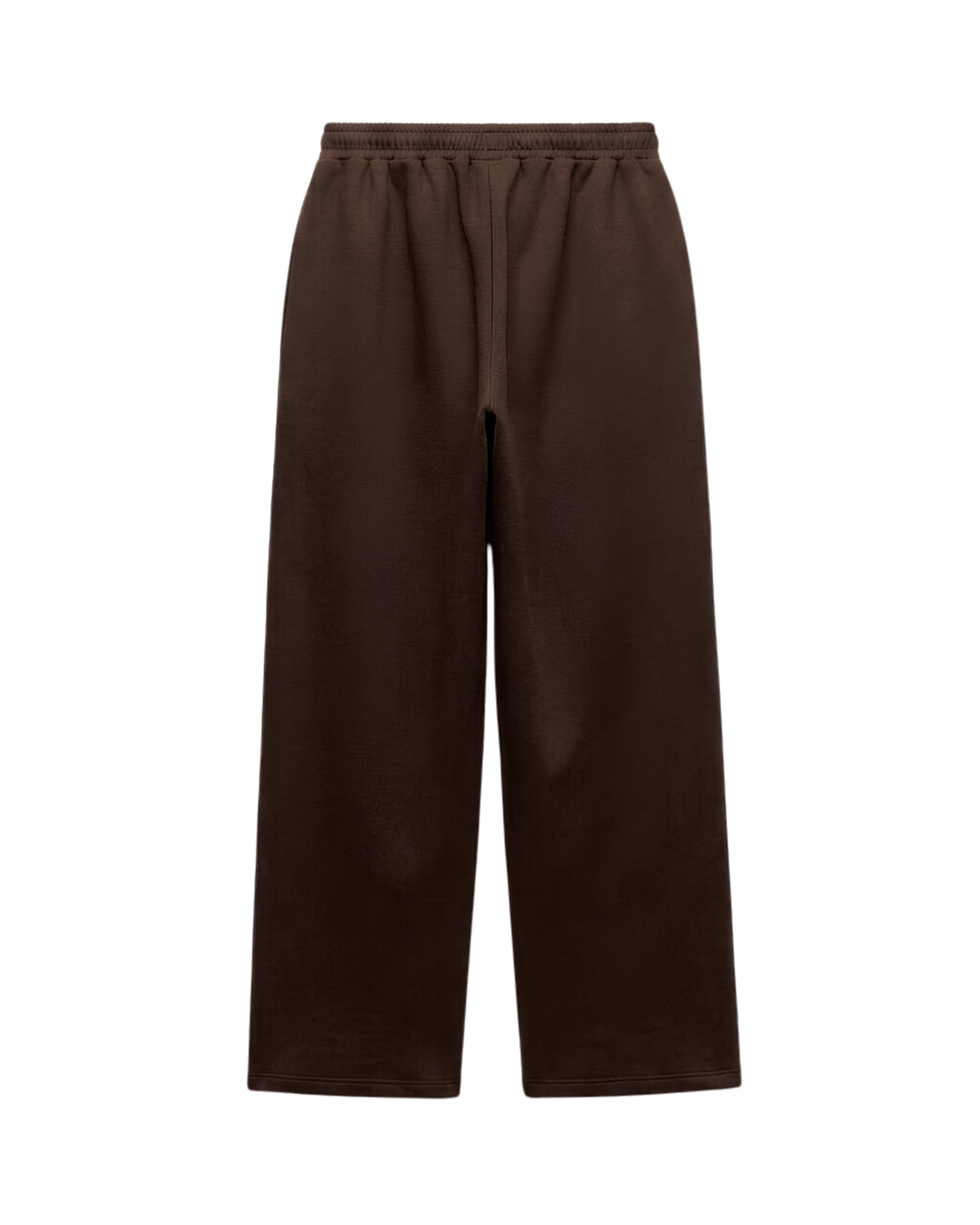 A pair of dark brown wide-leg sweatpants with an elastic waistband and drawstring, shown against a plain white background.