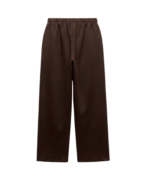 A pair of dark brown wide-leg sweatpants with an elastic waistband and drawstring, shown against a plain white background.