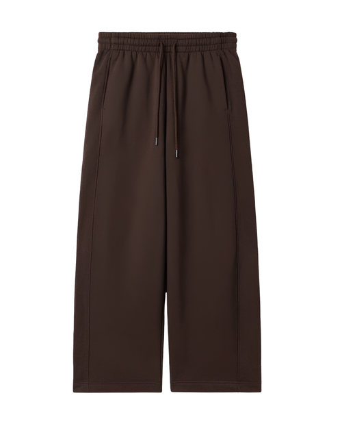 Dark brown wide-leg cropped pants with an elastic waistband and drawstring, shown flat against a plain white background.