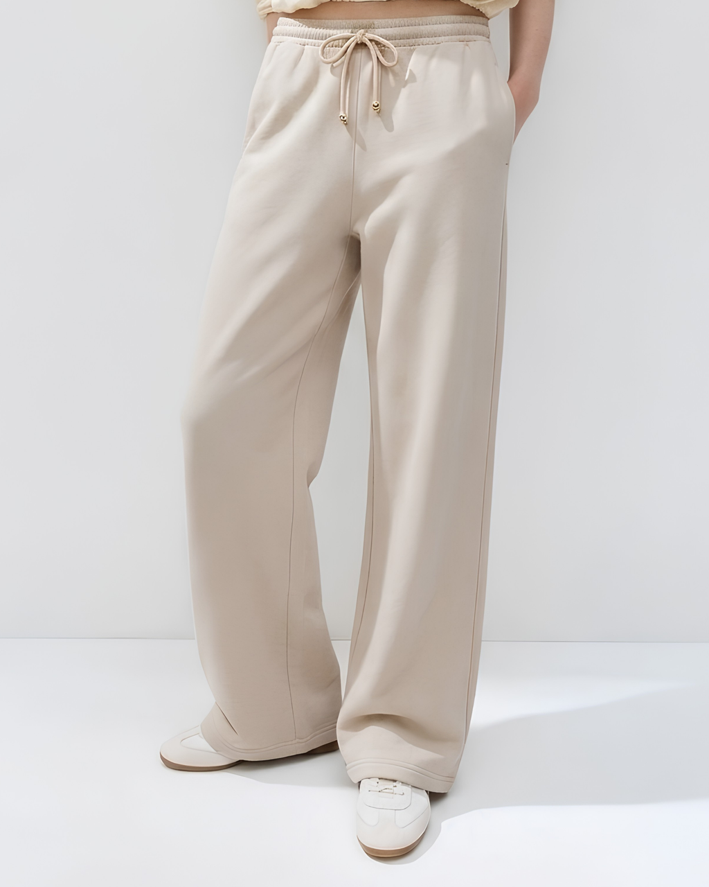 Cloud Fleece High Waist Wide-Leg Sweatpants | Beige | Premium Heavyweight Cotton Baggy Sweatpants with Adjustable Waistband