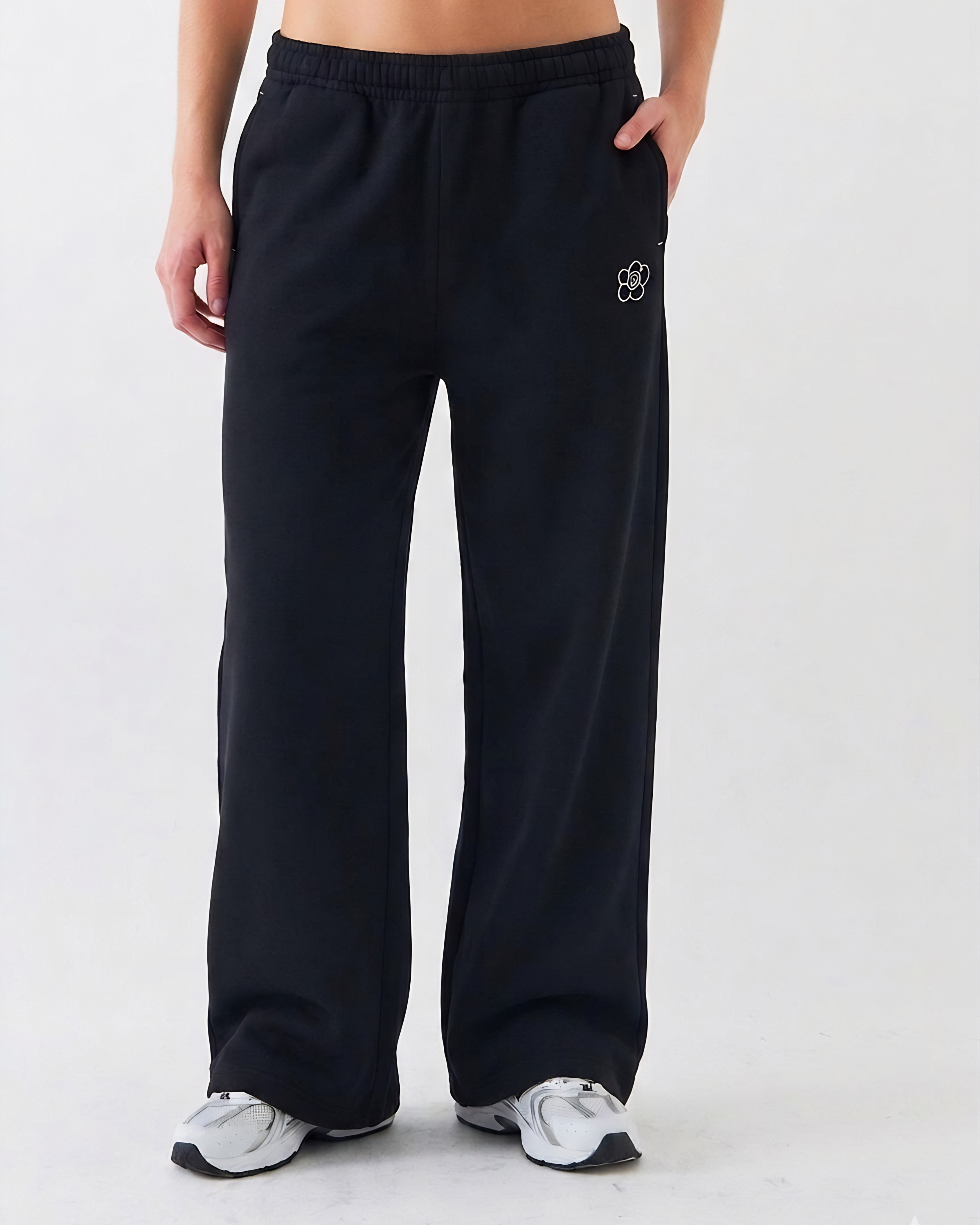 Women’s Dark Blue Smiley Embroidery Baggy Wide Leg Sweatpants – Heavyweight Terry Cotton Premium Pants