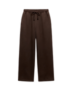 Dark brown wide-leg sweatpants with an elastic drawstring waist, shown flat against a plain white background.
