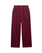A pair of wide-leg sweatpants in a deep burgundy color, shown flat against a solid white background.