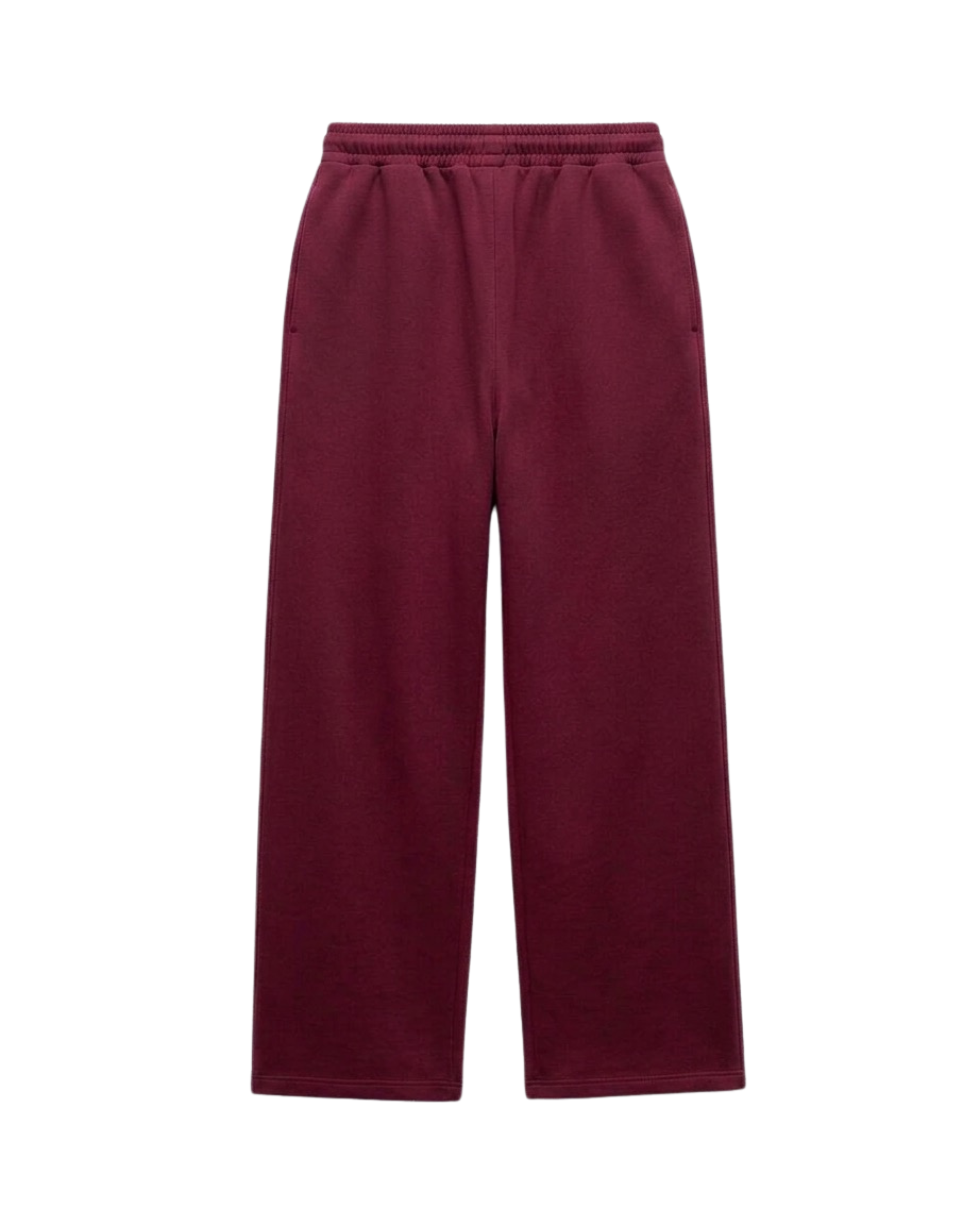 A pair of wide-leg sweatpants in a deep burgundy color, shown flat against a solid white background.