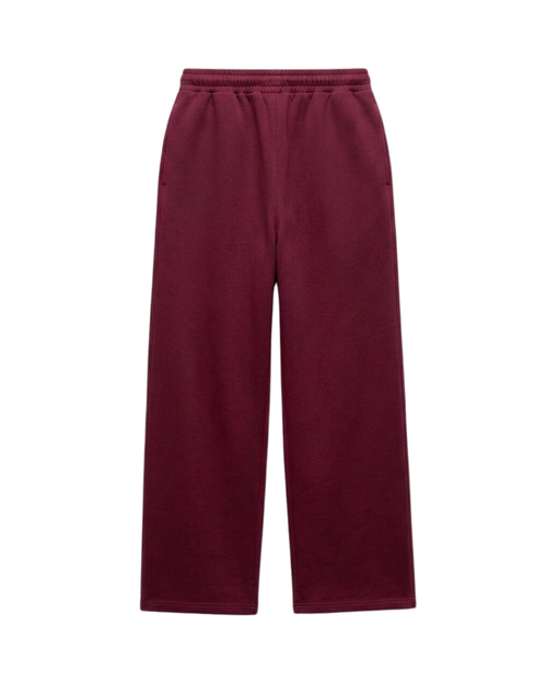 A pair of wide-leg sweatpants in a deep burgundy color, shown flat against a solid white background.