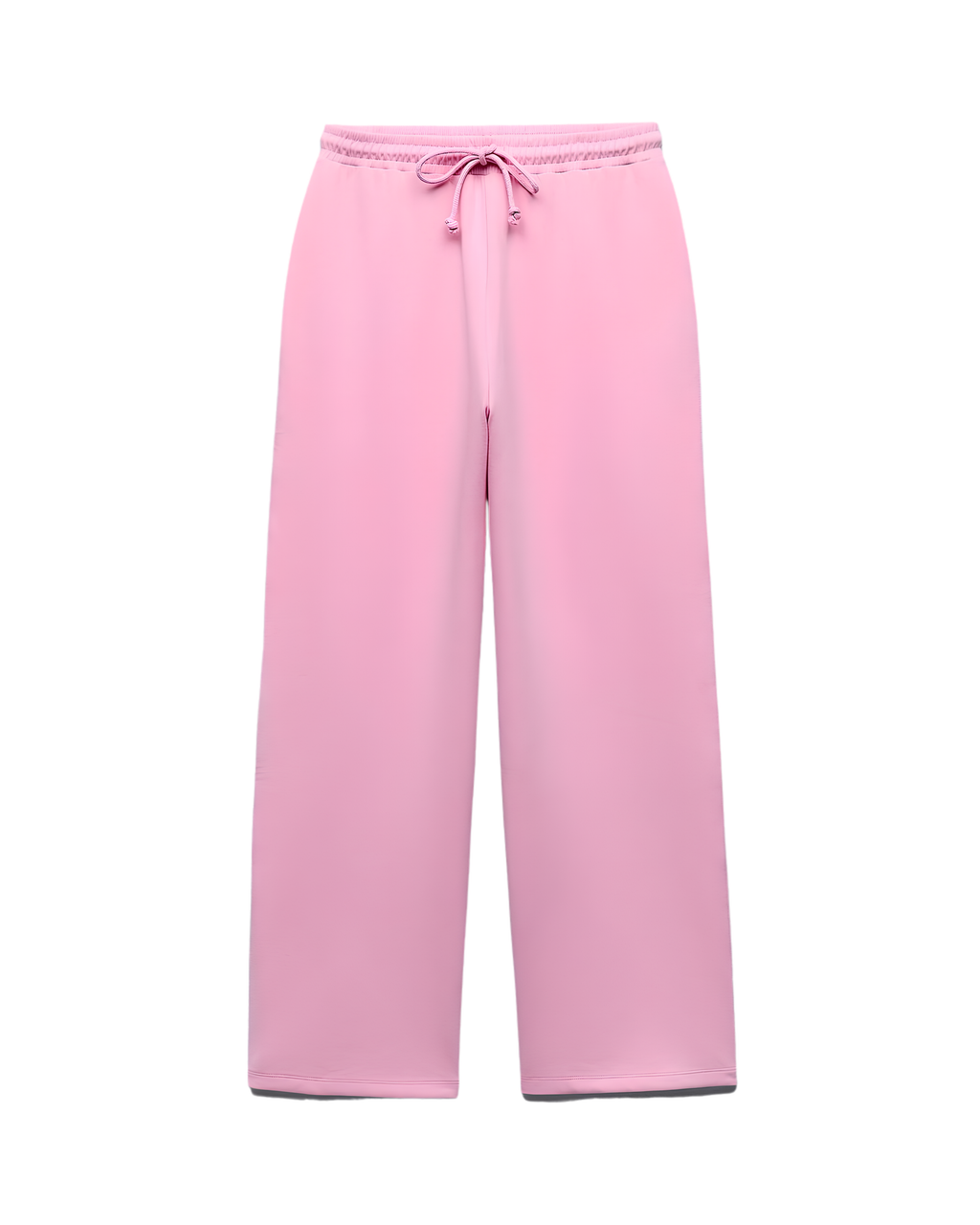 Pink wide-leg cropped pants with an elastic waistband and drawstring, shown on a plain white background.