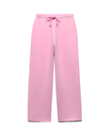 Pink wide-leg cropped pants with an elastic waistband and drawstring, shown on a plain white background.