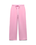 Pink wide-leg cropped pants with an elastic waistband and drawstring, shown on a plain white background.