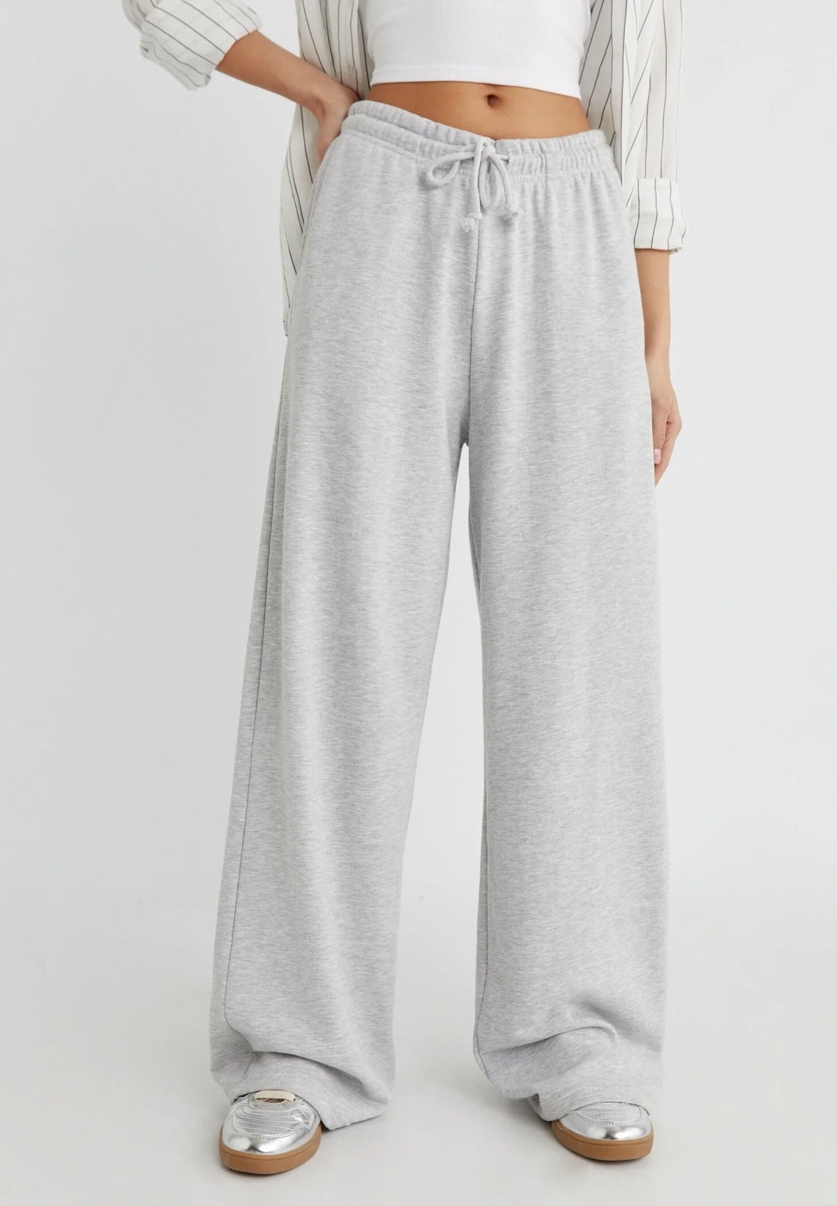 High Waist Wide-Leg Joggers | Grey Marl | Premium Heavyweight Cotton Baggy Joggers with Adjustable Waistband