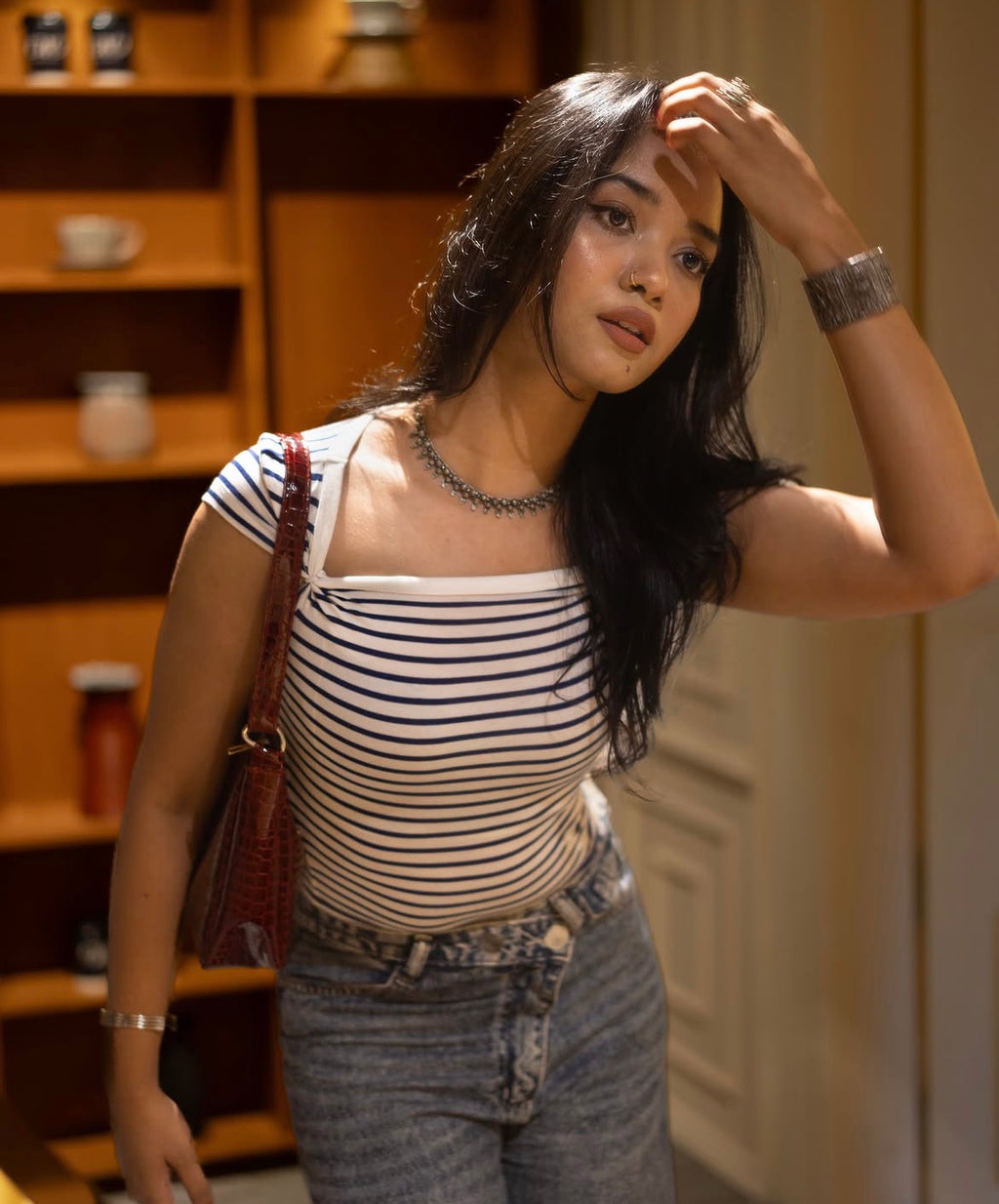 Crew Neck Striped Women's  Tops | White and Navy Blue