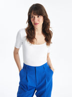 U Neck Plain Short Sleeve Women's Crop Top | White