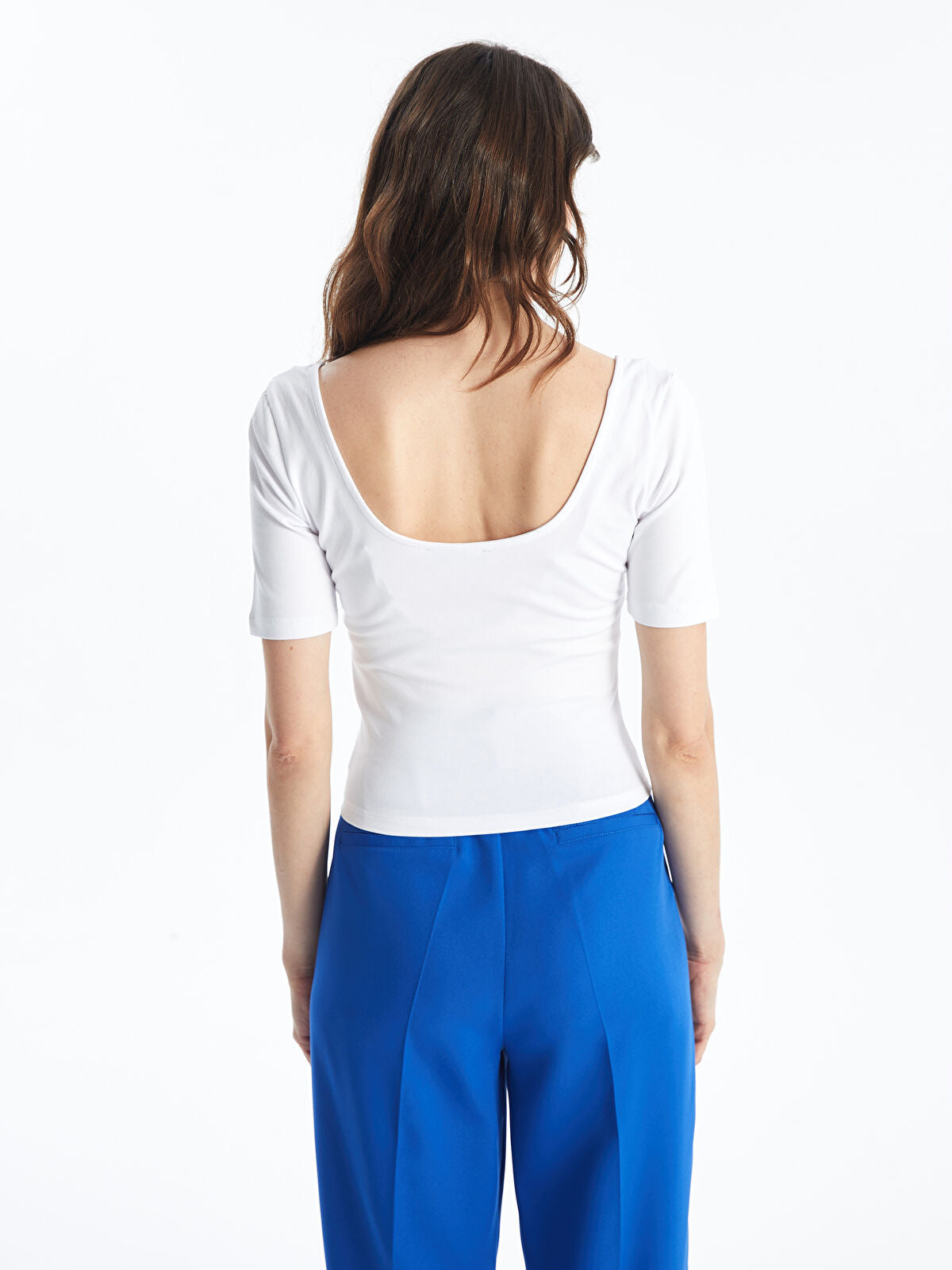 U Neck Plain Short Sleeve Women's Crop Top | White