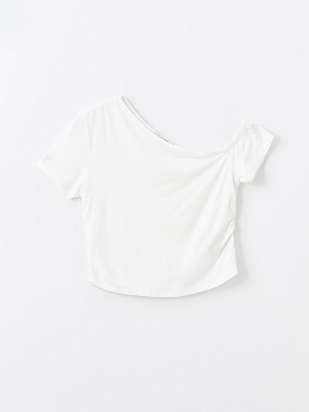 Slash Neck Plain Short Sleeve Crop Tops | White