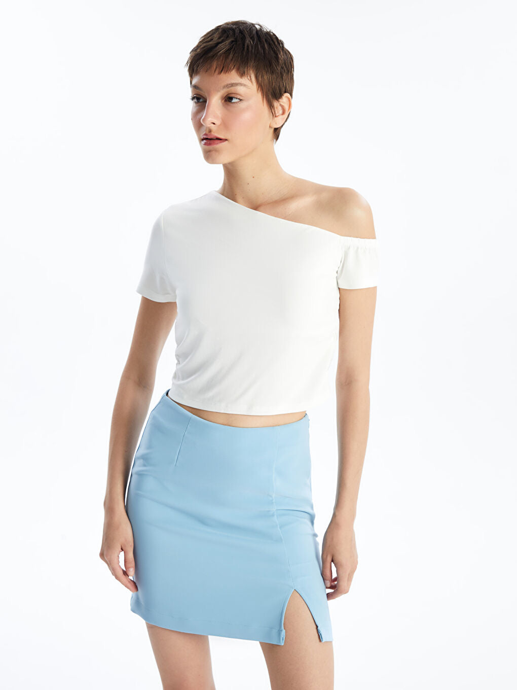 Slash Neck Plain Short Sleeve Crop Tops | White