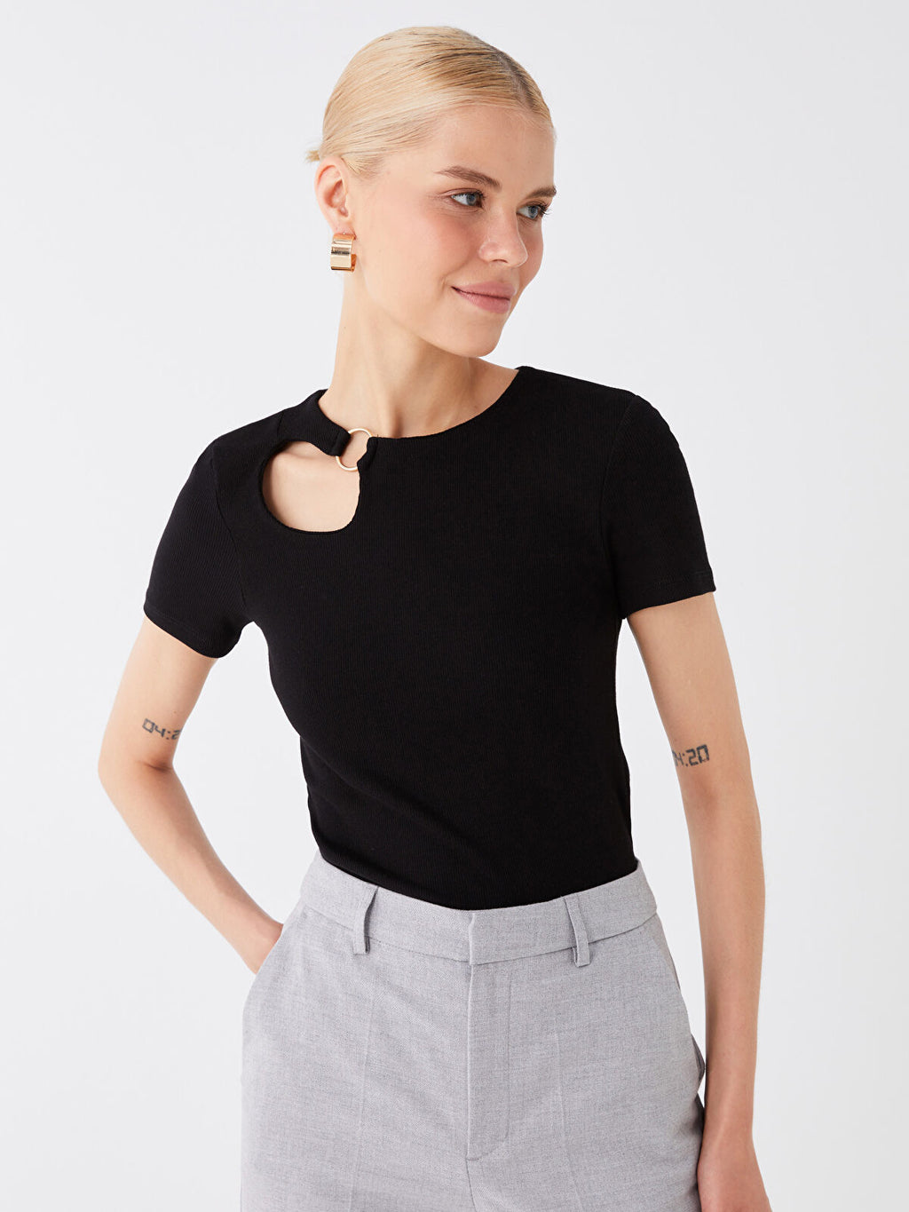 Crew Neck Plain Short Sleeve Tops | Black