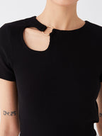 Crew Neck Plain Short Sleeve Tops | Black