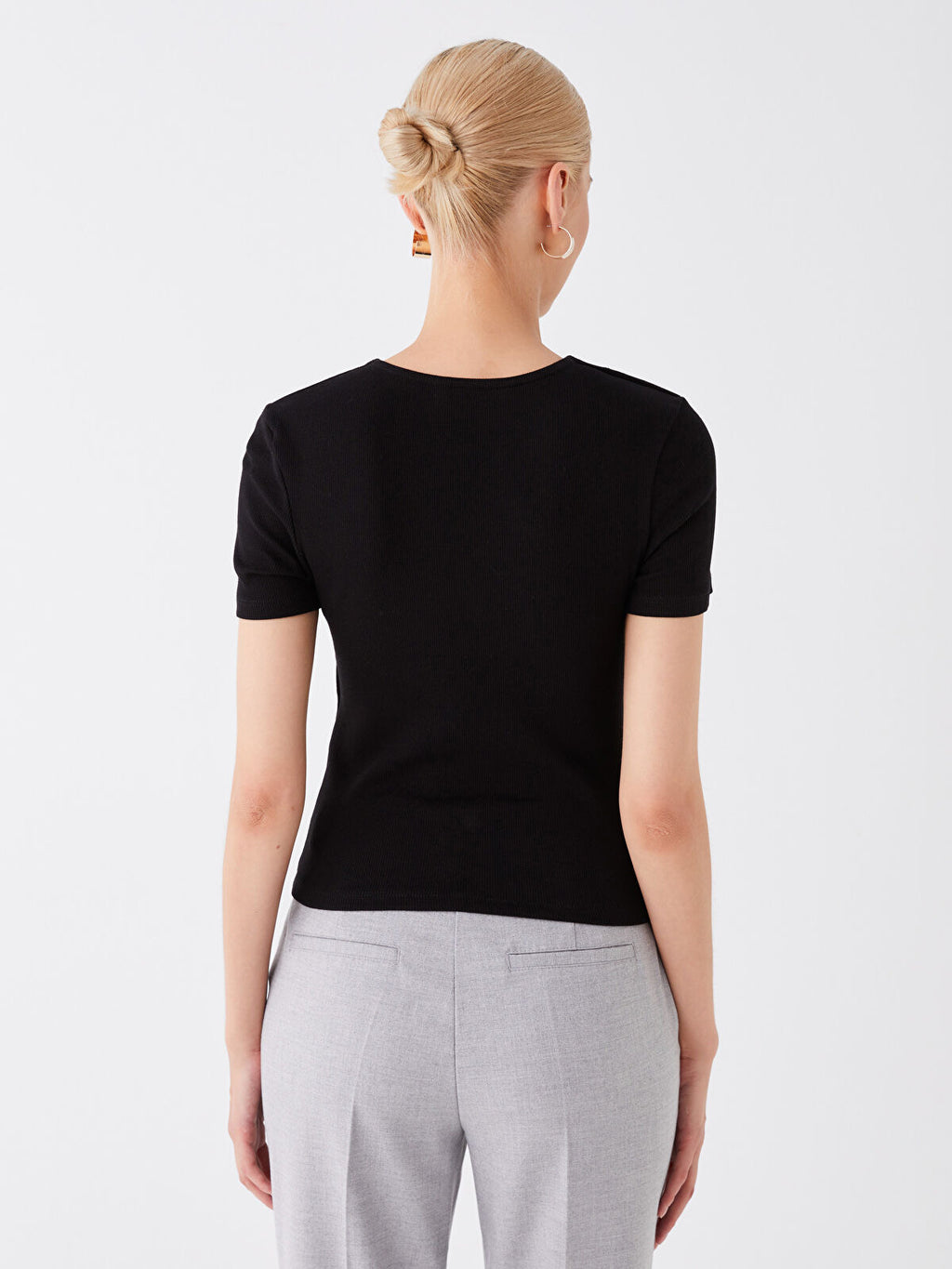 Crew Neck Plain Short Sleeve Tops | Black