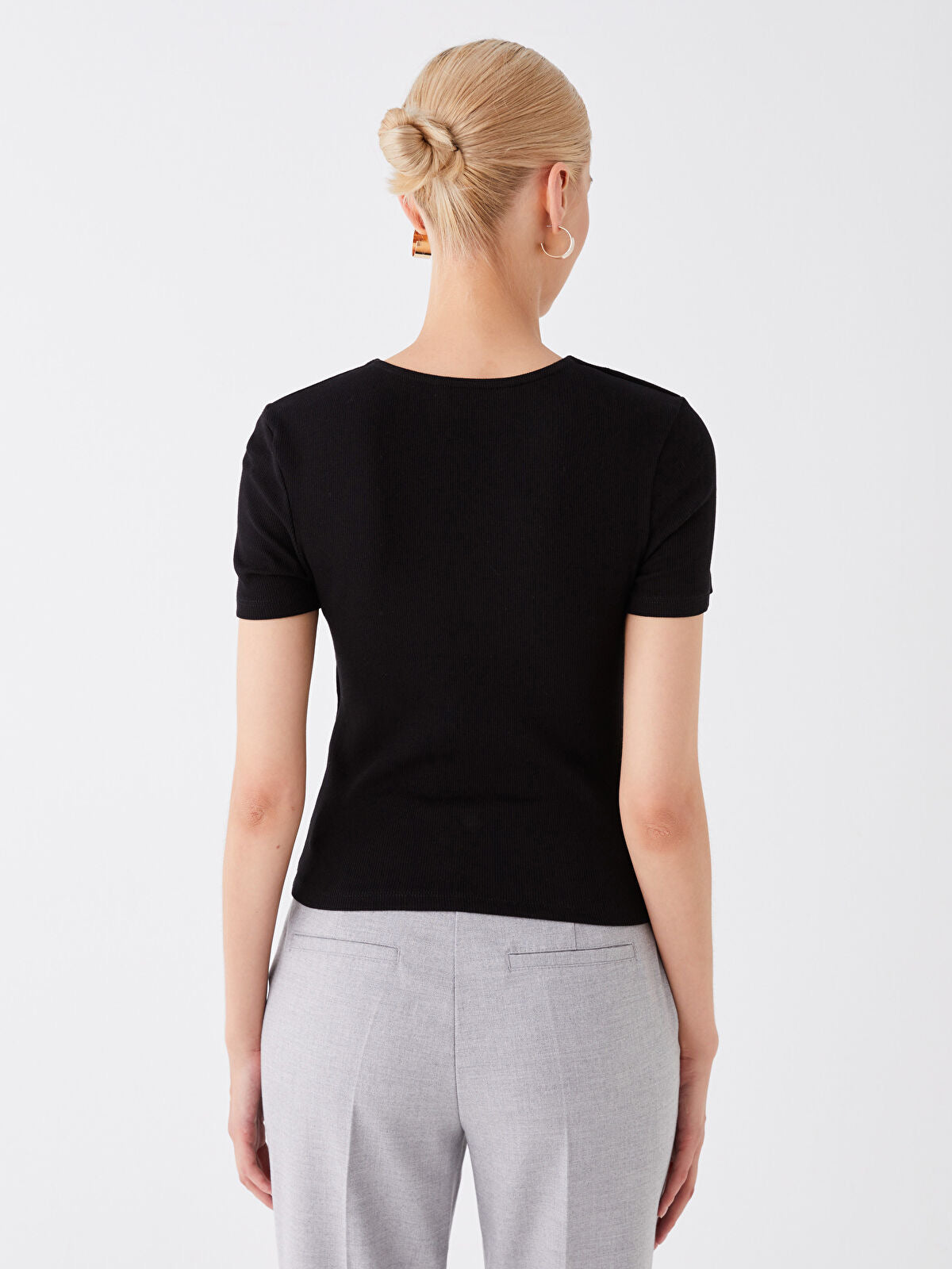 Crew Neck Plain Short Sleeve Tops | Black