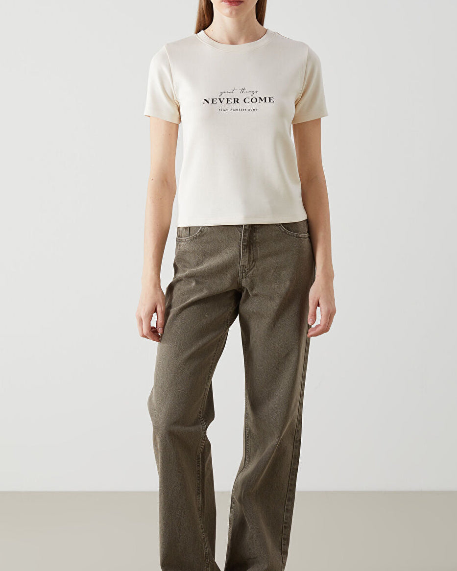 NEVER COME Crew Neck Printed Women's T-shirt | BEIGE