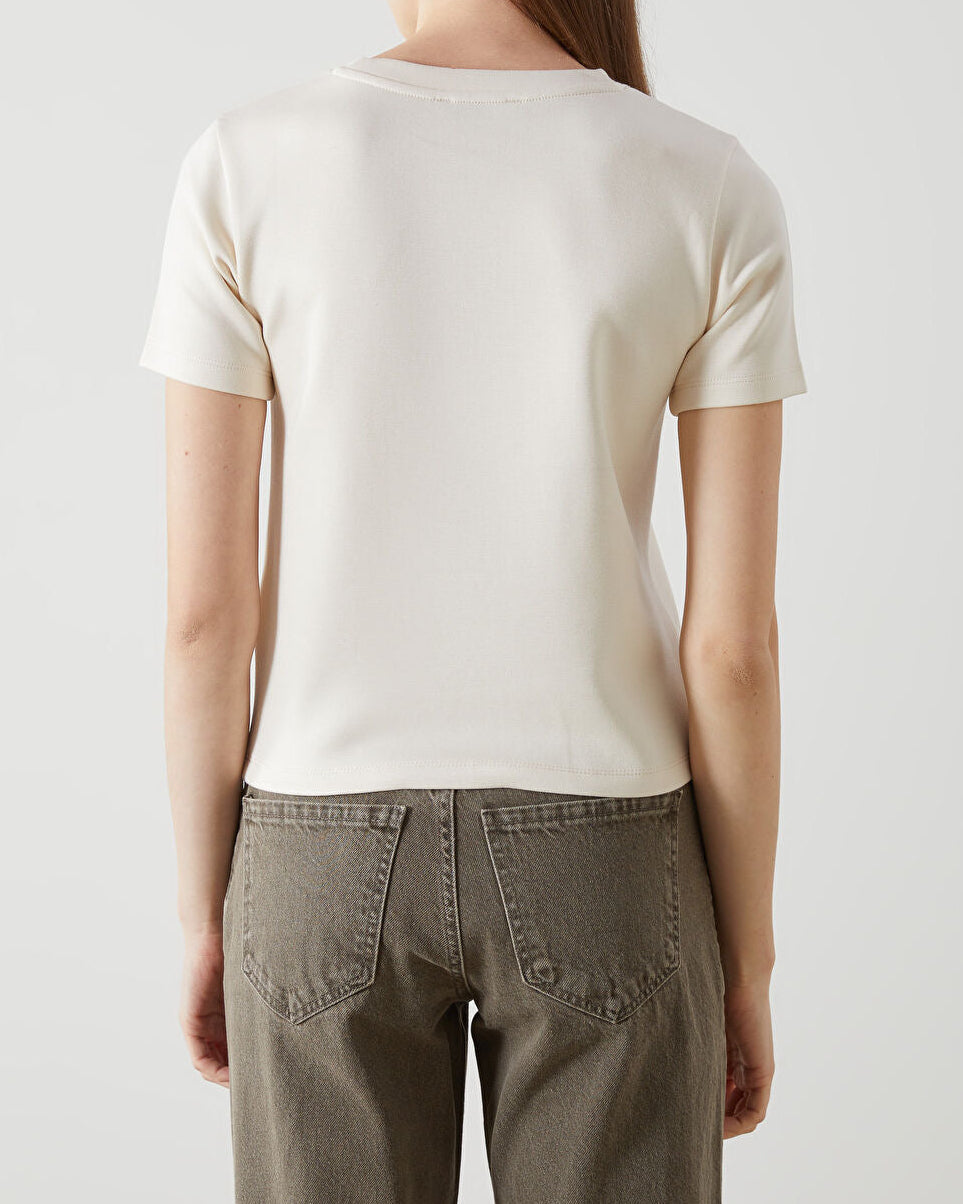 NEVER COME Crew Neck Printed Women's T-shirt | BEIGE