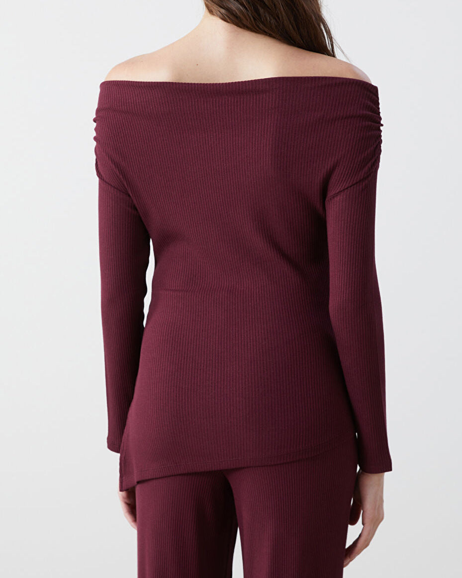 Slash Neck Ribbed Bodycon Top | Plum