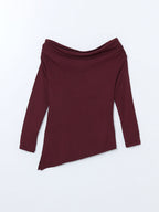 Slash Neck Ribbed Bodycon Top | Plum