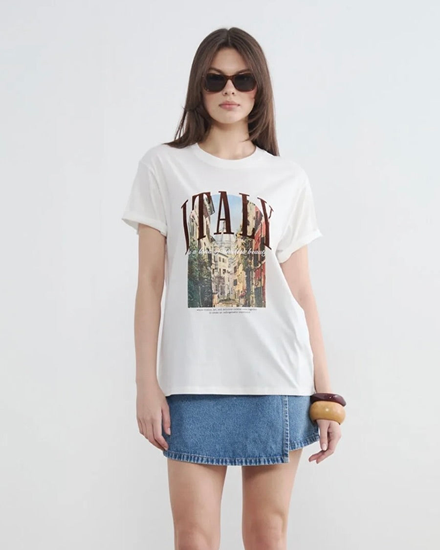 Women’s White Oversized Printed Crew Neck Tee | Premium Cotton T-Shirt