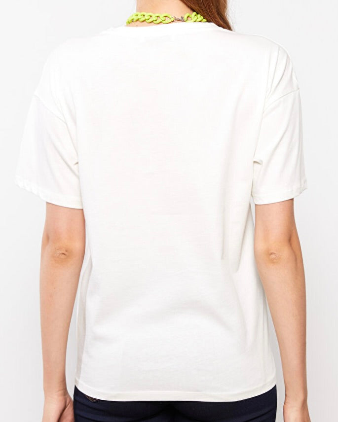 Women’s White Oversized Printed Crew Neck Tee | Premium Cotton T-Shirt