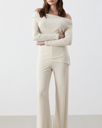 Slash Neck Ribbed Bodycon Top| BEIGE