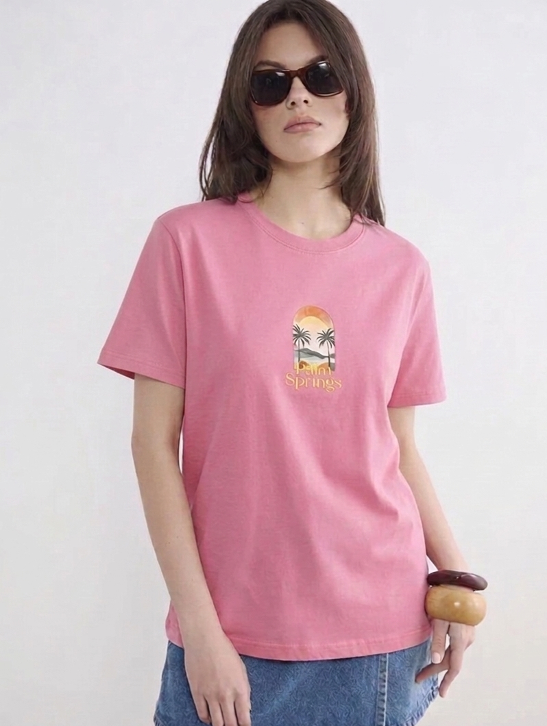 Women’s Washed Pink Oversized Cotton Tee | Printed Crew Neck T-Shirt