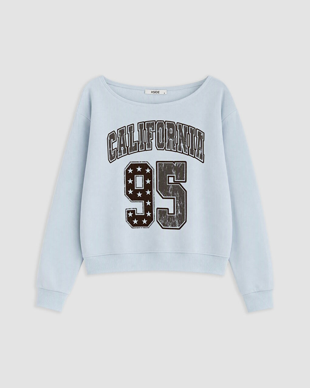 A light blue long-sleeve sweatshirt with 'CALIFORNIA 95' printed on the front in distressed varsity-style lettering, shown against a light gray background.