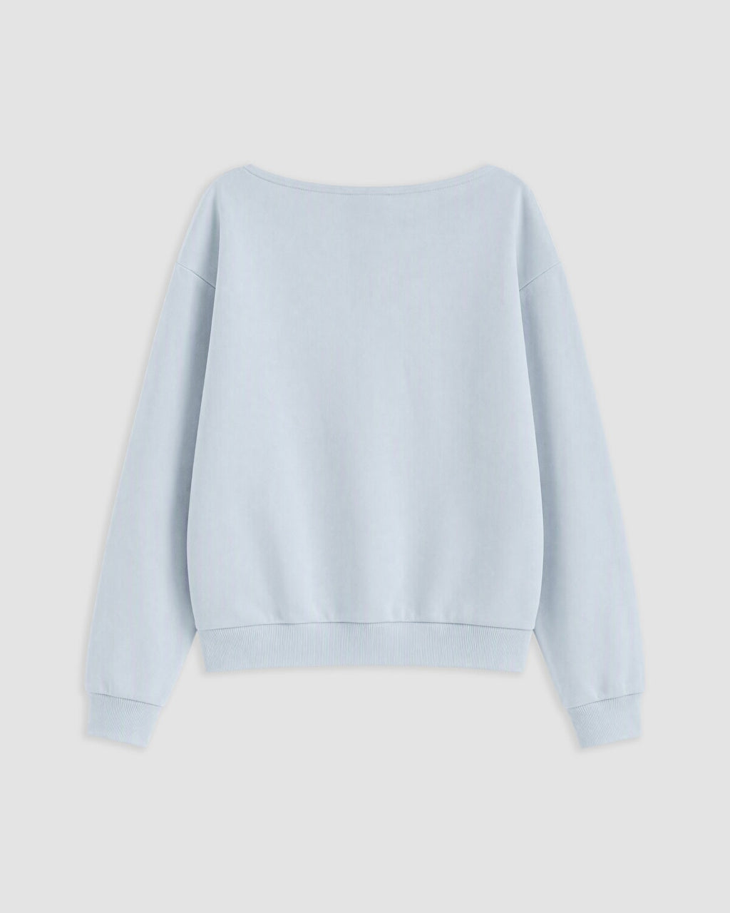 A light blue crewneck sweatshirt shown from the back, featuring a wide boat neckline, long sleeves with ribbed cuffs, and a ribbed hem, displayed on a neutral light gray background.