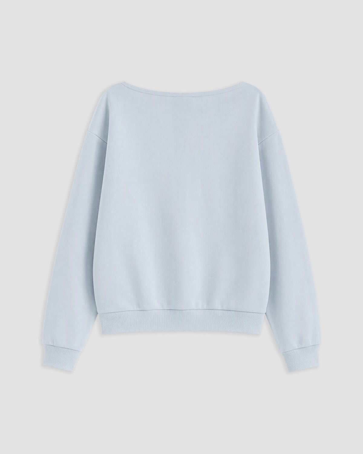 A light blue crewneck sweatshirt shown from the back, featuring a wide boat neckline, long sleeves with ribbed cuffs, and a ribbed hem, displayed on a neutral light gray background.