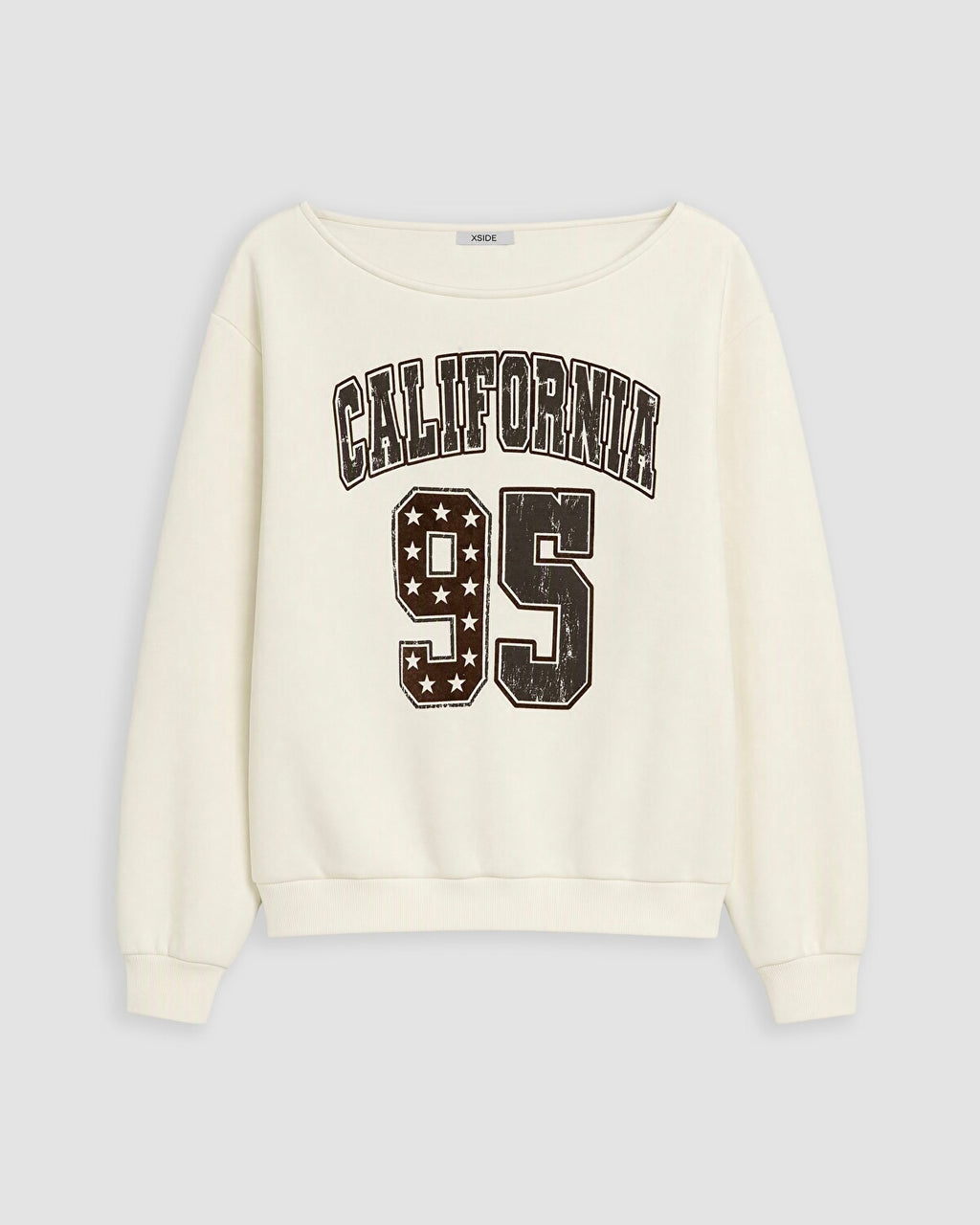 An off-white crewneck sweatshirt featuring a distressed varsity-style graphic on the front with the text 'CALIFORNIA' and the number '95' filled with stars.