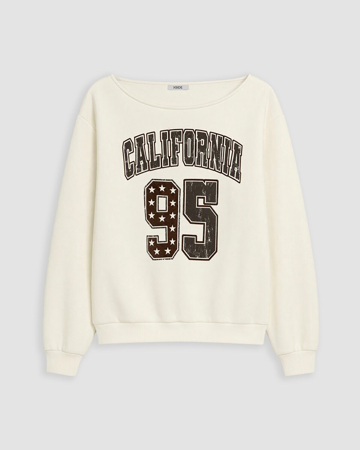 An off-white crewneck sweatshirt featuring a distressed varsity-style graphic on the front with the text 'CALIFORNIA' and the number '95' filled with stars.