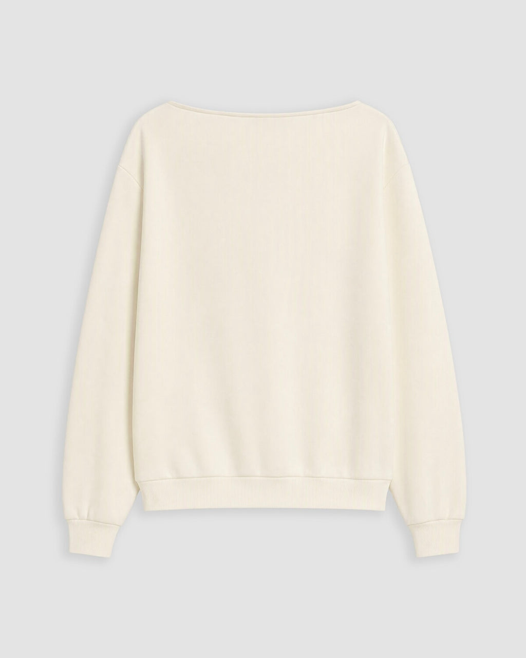 An off-white crewneck sweatshirt with long sleeves and ribbed cuffs and hem, shown from the back on a light gray background.