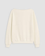 An off-white crewneck sweatshirt with long sleeves and ribbed cuffs and hem, shown from the back on a light gray background.