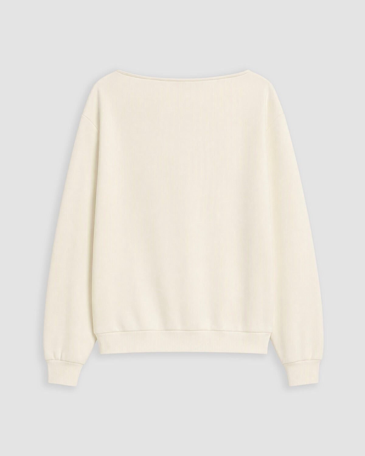 An off-white crewneck sweatshirt with long sleeves and ribbed cuffs and hem, shown from the back on a light gray background.
