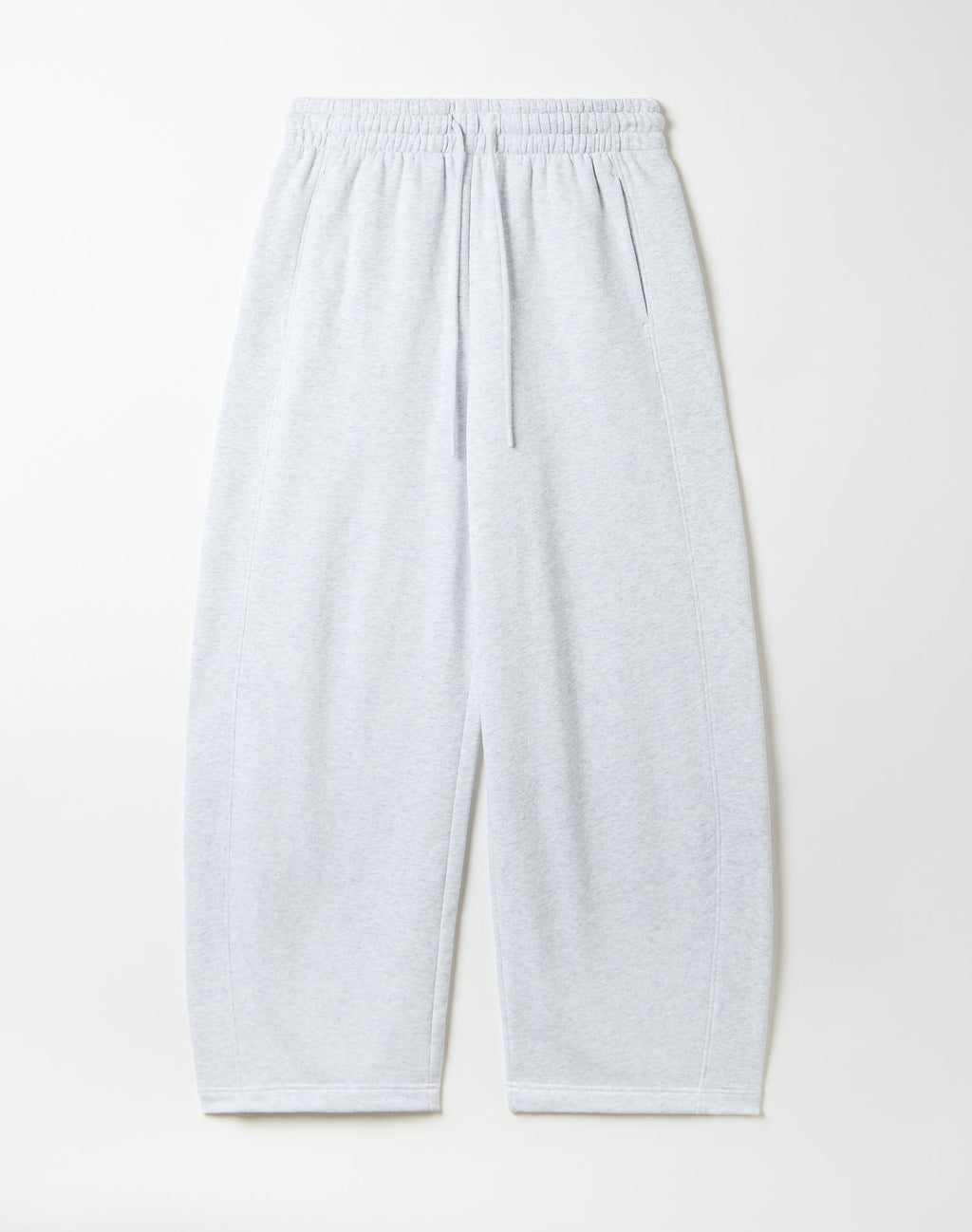 Light heather gray sweatpants with an elastic waistband and drawstring, laid flat against a light off-white background.