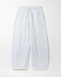 Light heather gray sweatpants with an elastic waistband and drawstring, laid flat against a light off-white background.
