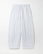 Light heather gray sweatpants with an elastic waistband and drawstring, laid flat against a light off-white background.