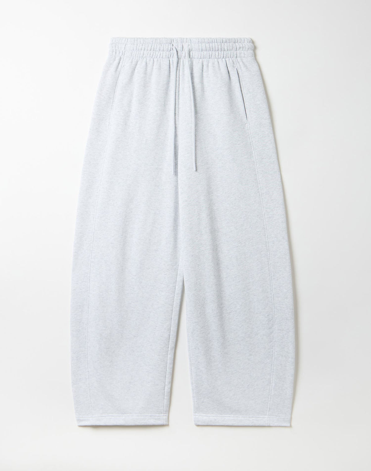 Light heather gray sweatpants with an elastic waistband and drawstring, laid flat against a light off-white background.
