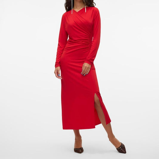 Red V-Neck Jersey Midaxi Dress | Long Sleeve Women’s Dress