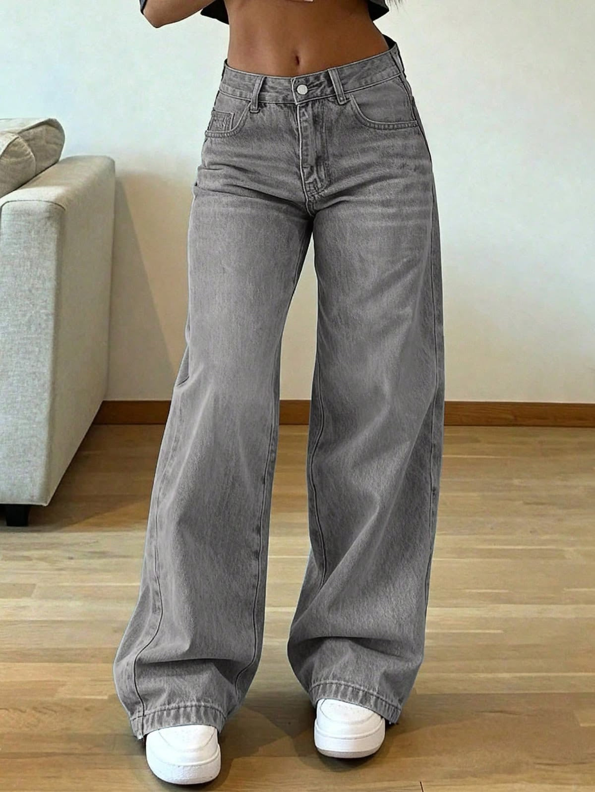 High Rise Extra Wide Leg Grey Baggy Fit Jeans for Women