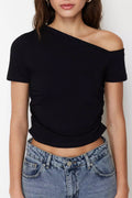 Slash Neck Plain Short Sleeve Crop Tops | Black