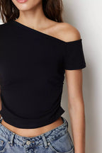 Slash Neck Plain Short Sleeve Crop Tops | Black