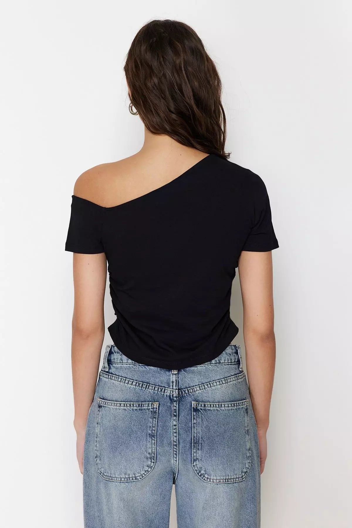 Slash Neck Plain Short Sleeve Crop Tops | Black