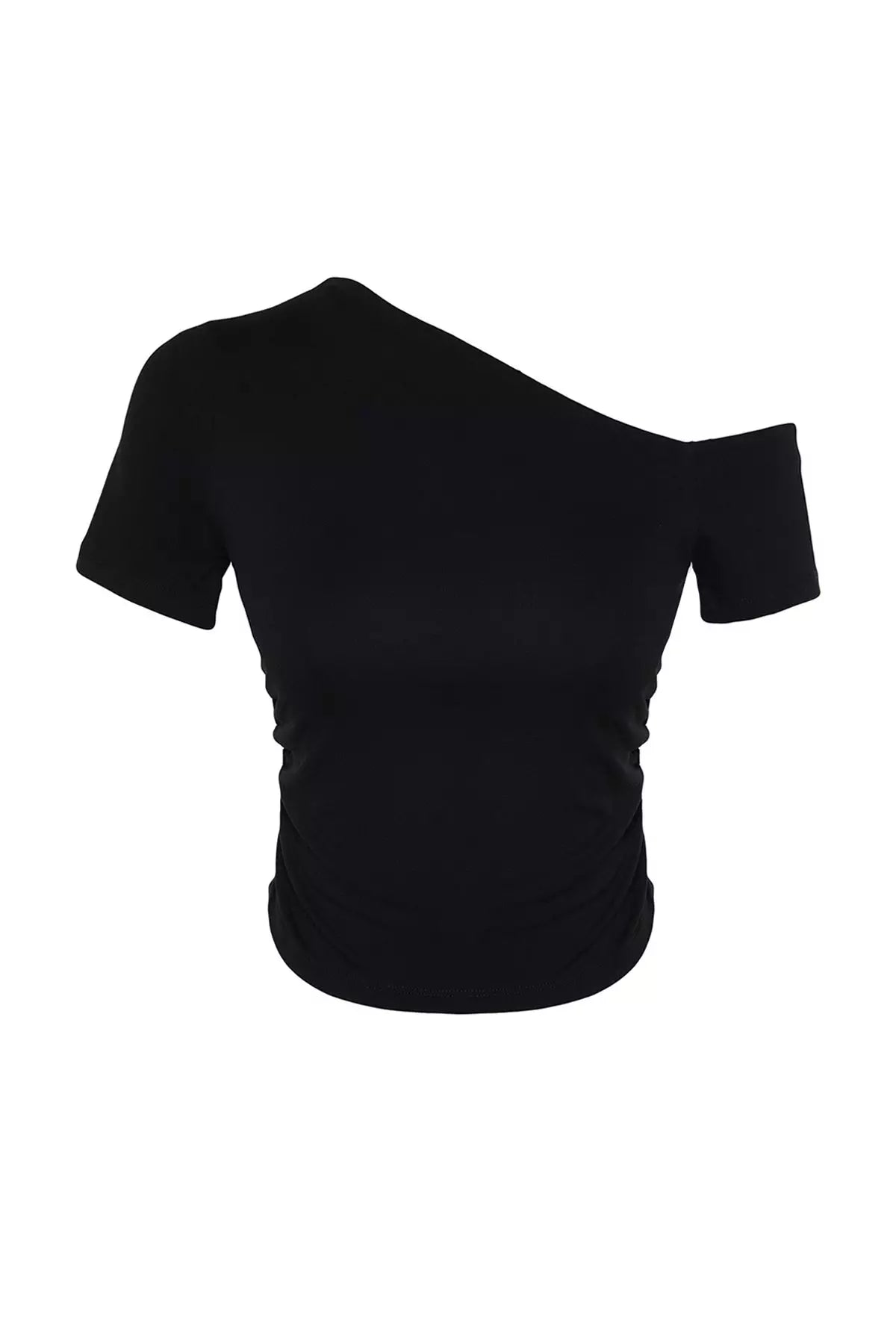 Slash Neck Plain Short Sleeve Crop Tops | Black